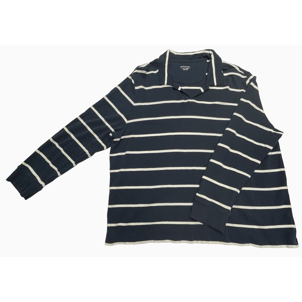 UNTUCKIT Men's Polo Shirt Long Sleeves Navy White Stripes Size XXX-Large